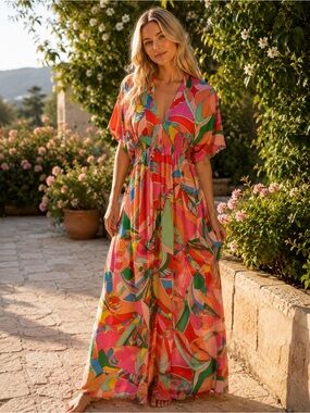 Olivaceous Multicolor Abstract Print Maxi Dress - Pink, Orange, Green, Yellow